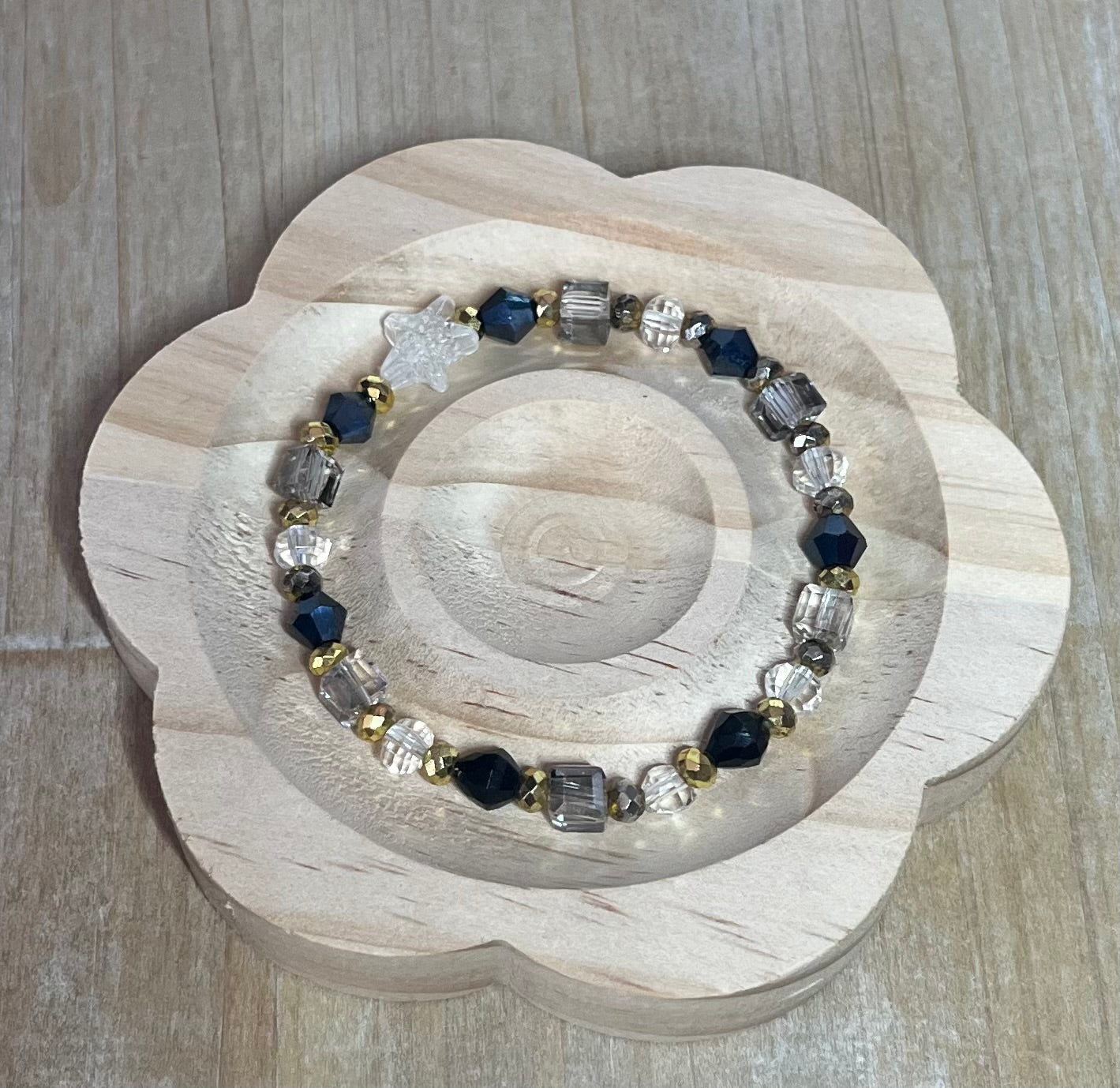 Black, Gold and Crystal Beaded Bracelet with Star Detail